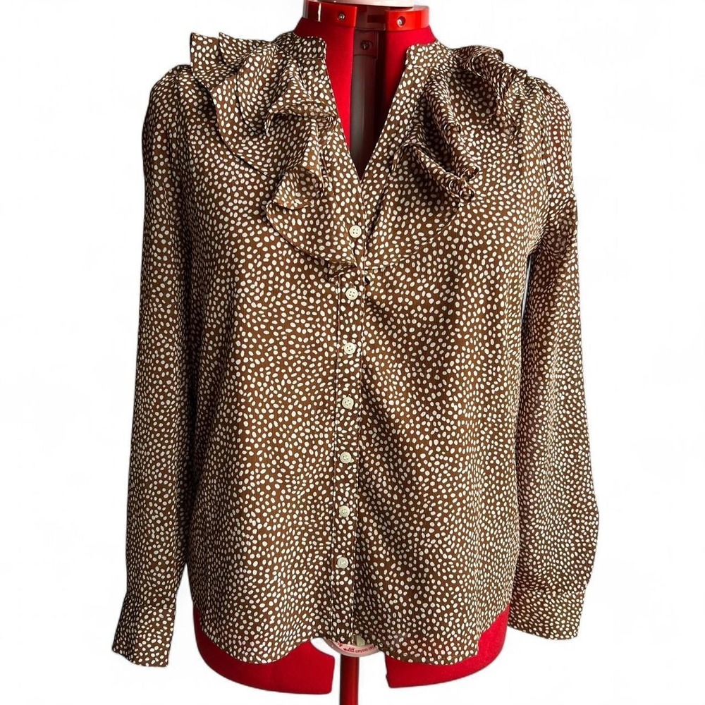 J Crew Brown With White Dots Blouse Work Top With Ruffle Collar & Button Down